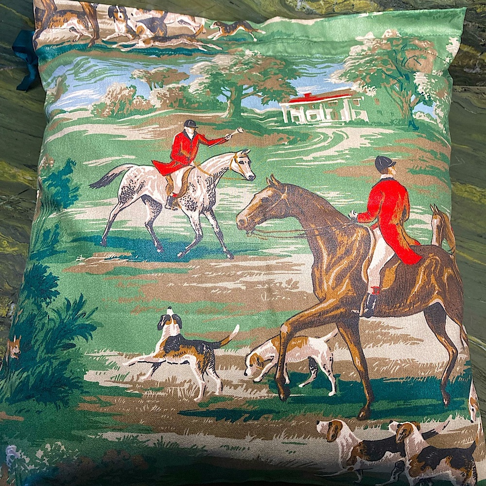 Equestrian Horse Tote Or Pillow Cover Chintz Drawstring Brown Red Green - Picture 3 of 14